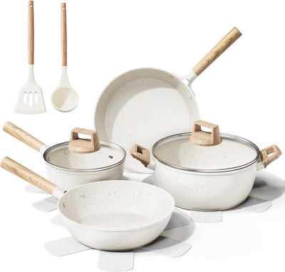 Bazova Set Tenxhere dhe Tiganë 11 Pjesë Qeramike Non-Stick për Induksion – Cream White