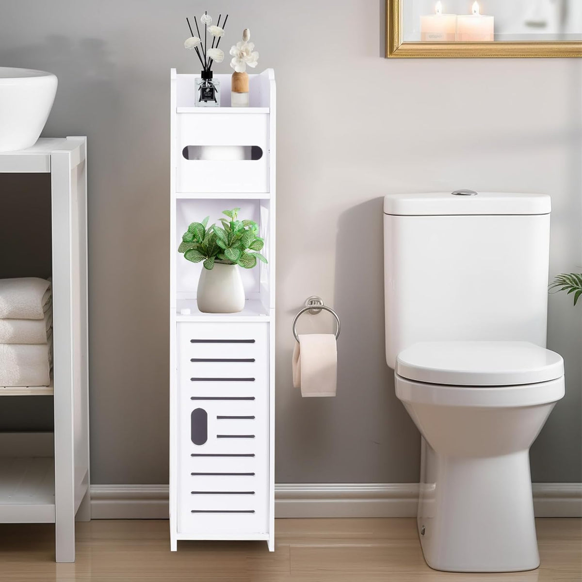 Pinkgarden PG-2448 Dollap i Ngushtë për Banjo – Me Dyer dhe Rafte, 81 cm, i Bardhë, për Hapësira të Vogla