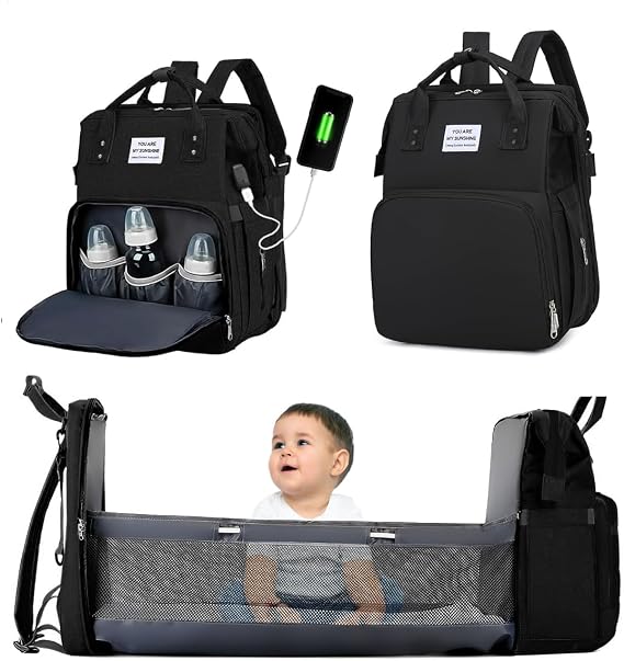 Çantë Shpine 3-në-1 për Bebe me Krevat Portativ – Çantë Pelenash Waterproof me Kapacitet të Madh, Xhepa të Izoluar dhe Mbajtëse për Karrocë, E Zezë