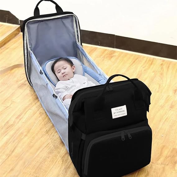 Çantë Shpine 3-në-1 për Bebe me Krevat Portativ – Çantë Pelenash Waterproof me Kapacitet të Madh, Xhepa të Izoluar dhe Mbajtëse për Karrocë, E Zezë