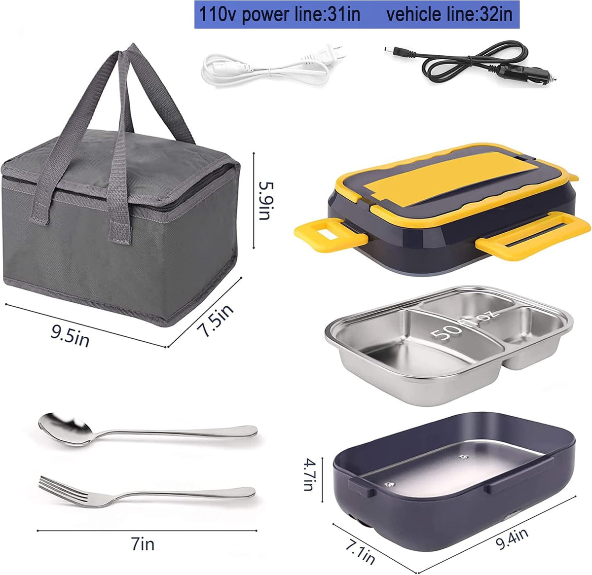 Raincol Electric Lunch Box 1.5L 60W – Kuti Elektrike për Ngrohjen e Ushqimit me Enë Inox 304, 12V/24V/110V, Lugë, Pirun dhe Çantë Transporti, E Verdhë