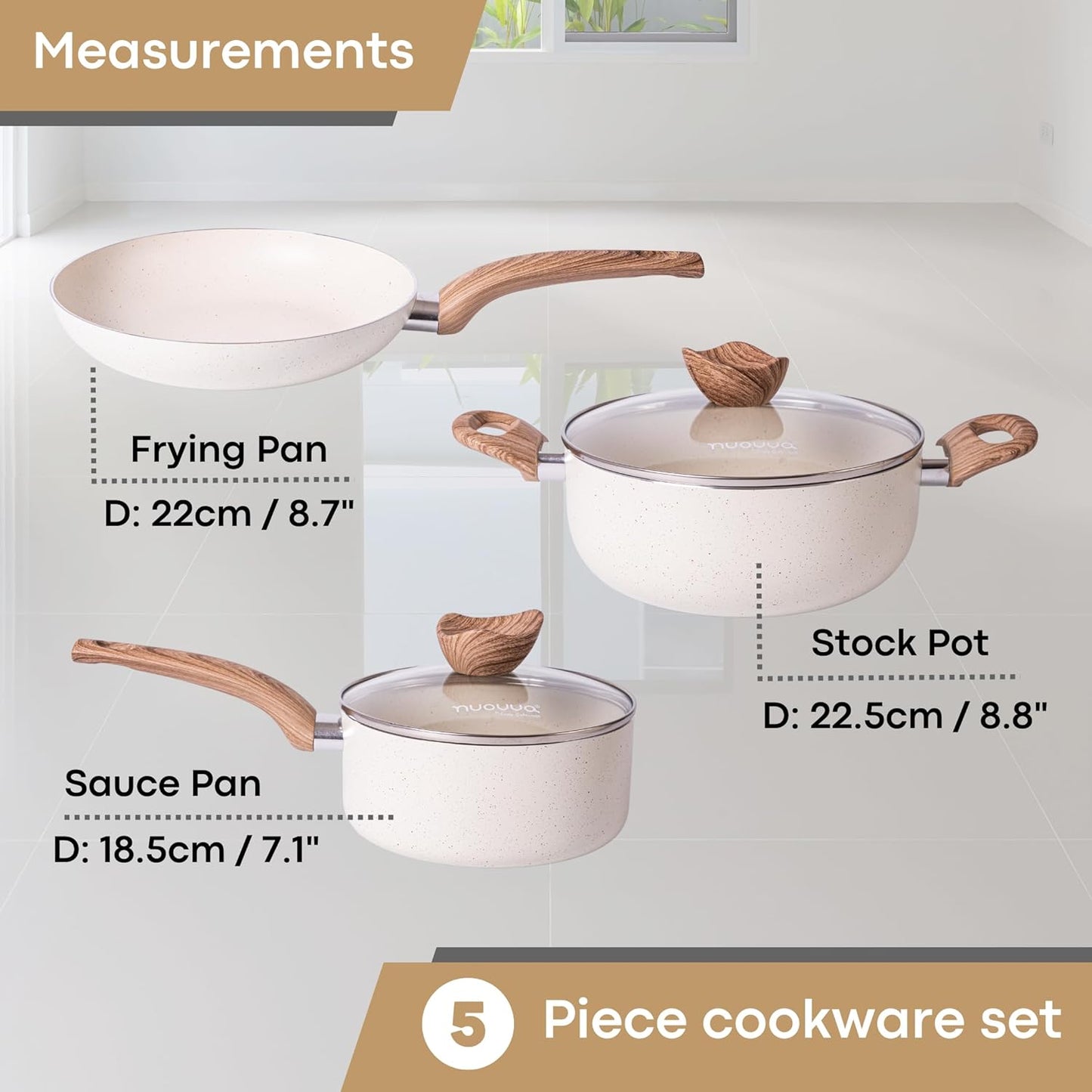Nuovva Set Tenxhere dhe Tiganë Non-Stick 5 Pjesë për Induksion – Cream Granite