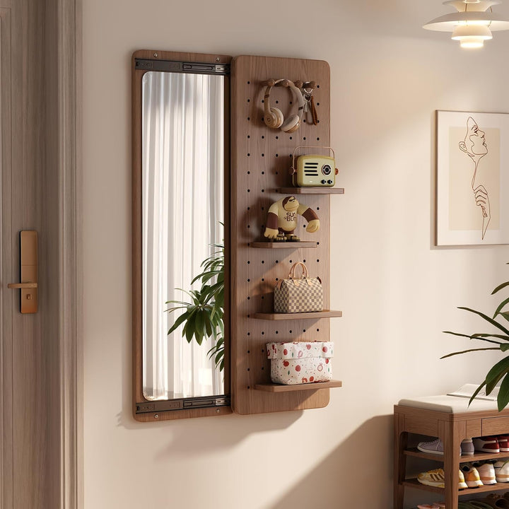 KungFuWood Pasqyrë e Plotë Muri 133.1 x 48.3 cm Walnut me Raft, Varëse dhe Panele Rrëshqitëse – Pasqyrë Multifunksionale për Korridor, Dhomë Gjumi dhe Sallon
