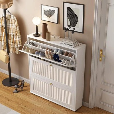 Raft për Këpucë me Sistem Tipping 80x18x114 cm – White me Vija Vertikale