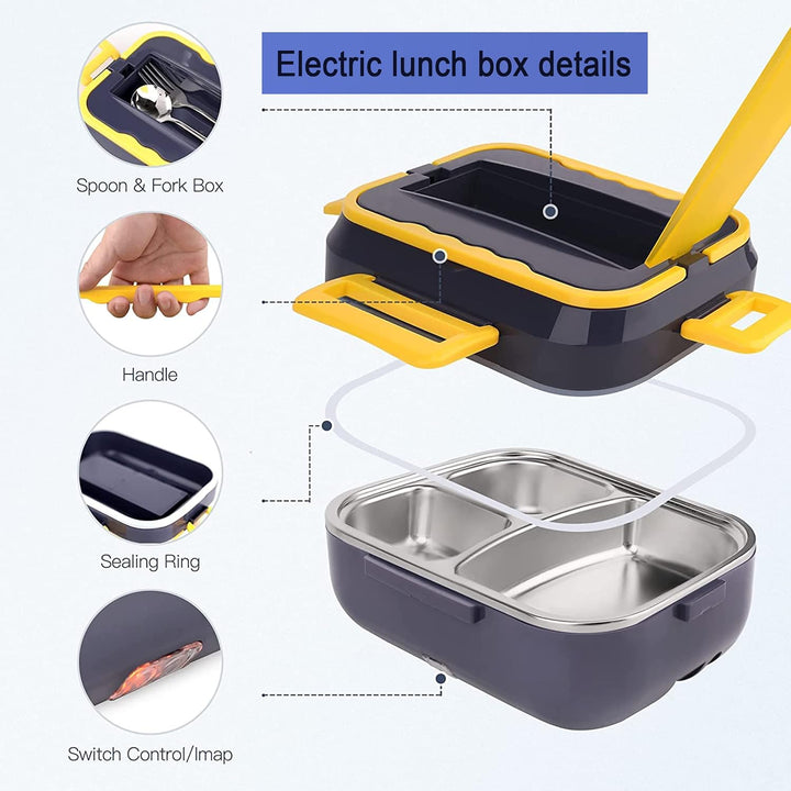 Raincol Electric Lunch Box 1.5L 60W – Kuti Elektrike për Ngrohjen e Ushqimit me Enë Inox 304, 12V/24V/110V, Lugë, Pirun dhe Çantë Transporti, E Verdhë