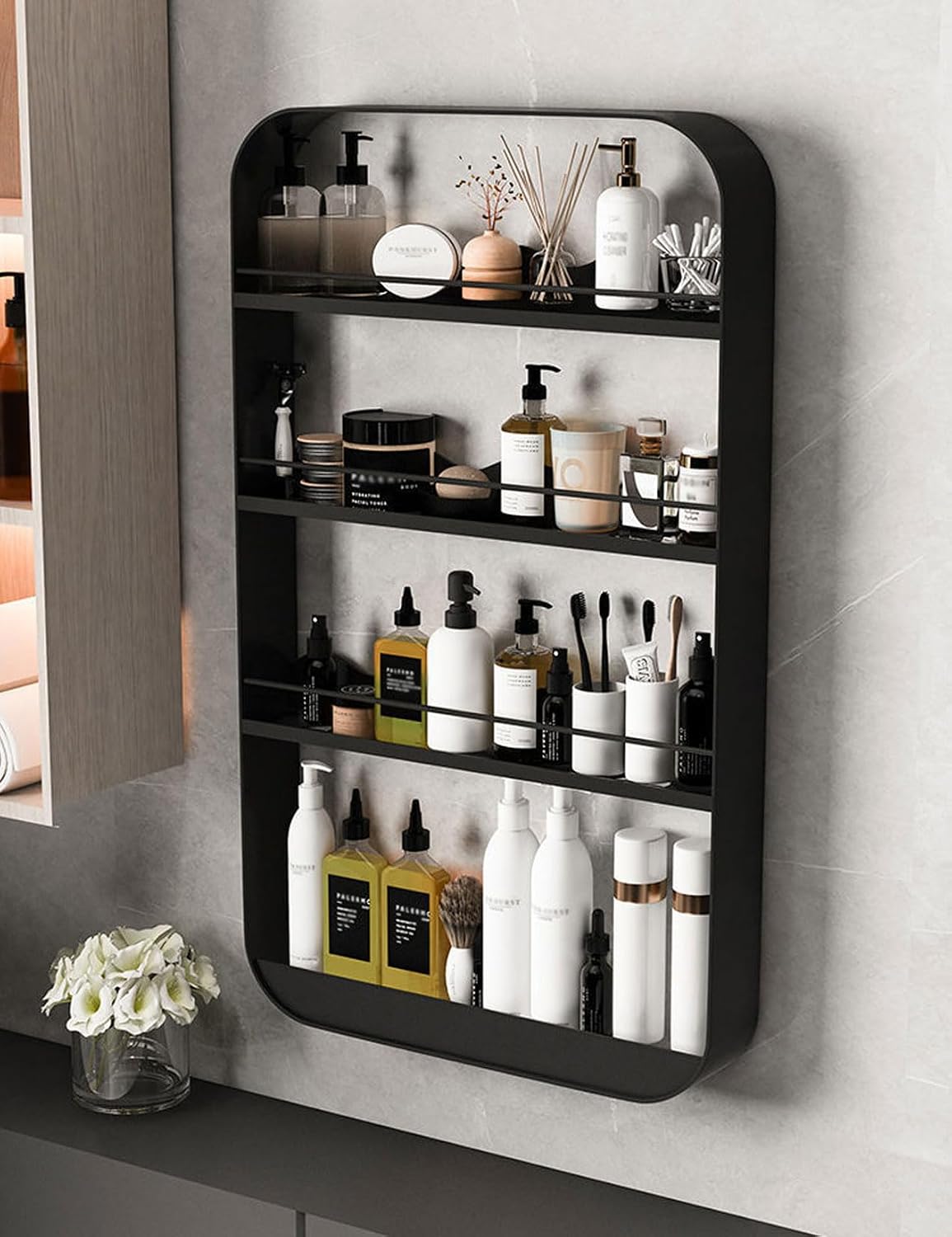 Raft Metalik Muri për Kozmetikë pa Shpim, i Zi, Wall Mount Make Up Rack 4-Tier 50 × 70 cm