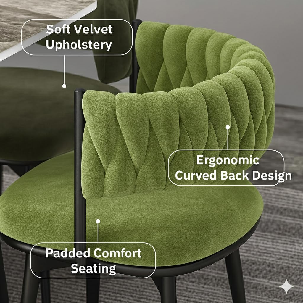 Vital Set Tavoline Ngrënieje 5 Pjesësh me 4 Karrige Velvet dhe Tavolinë me Sipërfaqe Mermeri, Dizajn Nordik Kompakt, Olive Green