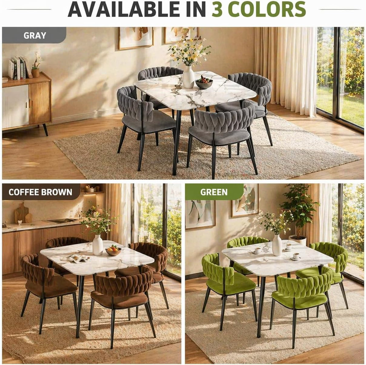 Vital Set Tavoline Ngrënieje 5 Pjesësh me 4 Karrige Velvet dhe Tavolinë me Sipërfaqe Mermeri, Dizajn Nordik Kompakt, Olive Green