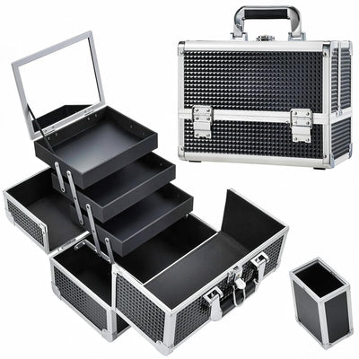 Joligrace Makeup Train Case 3-Tray me Pasqyrë 30x23x18 cm – Shine Black