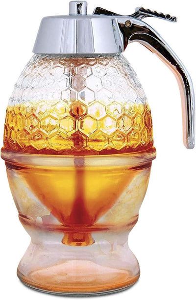 Hunnibi Dispenser Mjalti prej Qelqi 240 ml (8oz) me Kapak Plastik dhe Mbajtëse – Honeycomb Design