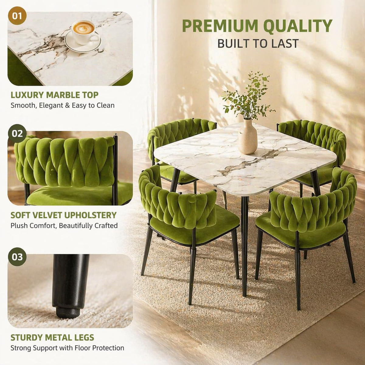 Vital Set Tavoline Ngrënieje 5 Pjesësh me 4 Karrige Velvet dhe Tavolinë me Sipërfaqe Mermeri, Dizajn Nordik Kompakt, Olive Green