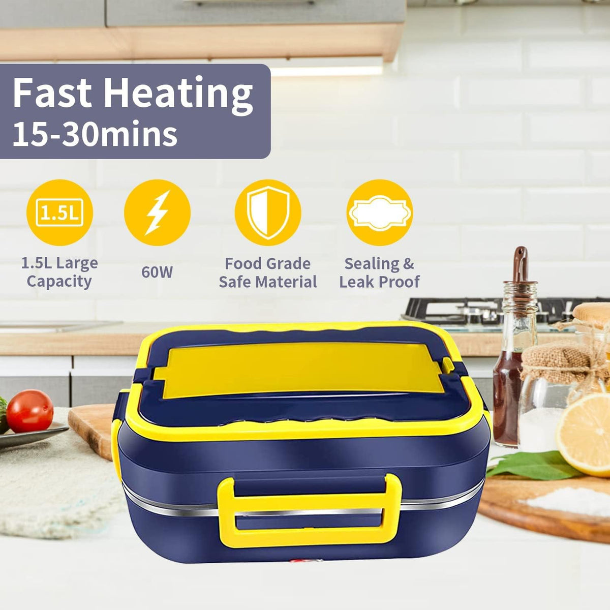 Raincol Electric Lunch Box 1.5L 60W – Kuti Elektrike për Ngrohjen e Ushqimit me Enë Inox 304, 12V/24V/110V, Lugë, Pirun dhe Çantë Transporti, E Verdhë