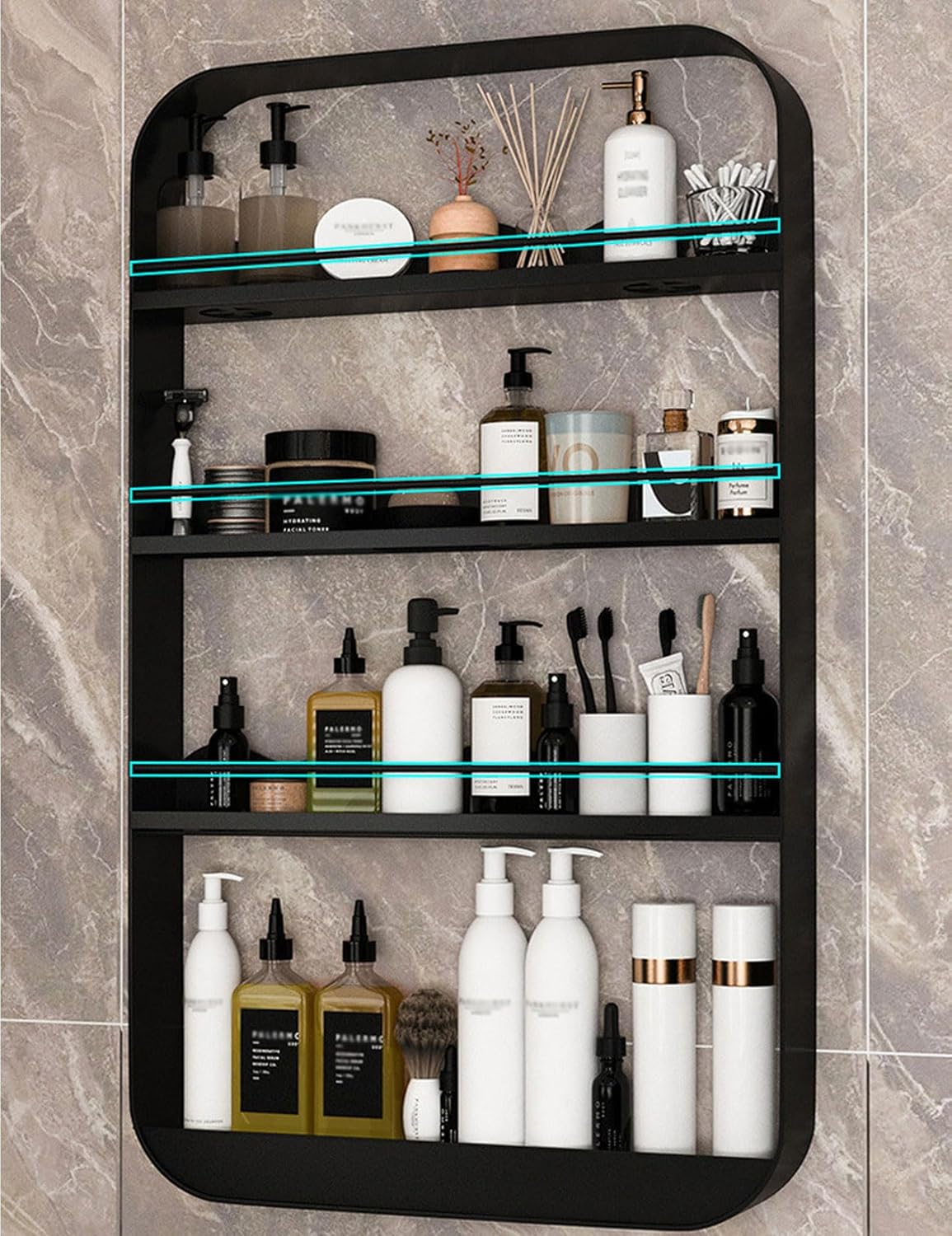 Raft Metalik Muri për Kozmetikë pa Shpim, i Zi, Wall Mount Make Up Rack 4-Tier 50 × 70 cm