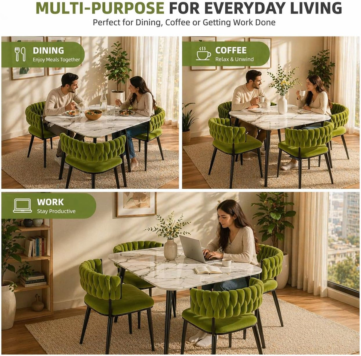 Vital Set Tavoline Ngrënieje 5 Pjesësh me 4 Karrige Velvet dhe Tavolinë me Sipërfaqe Mermeri, Dizajn Nordik Kompakt, Olive Green