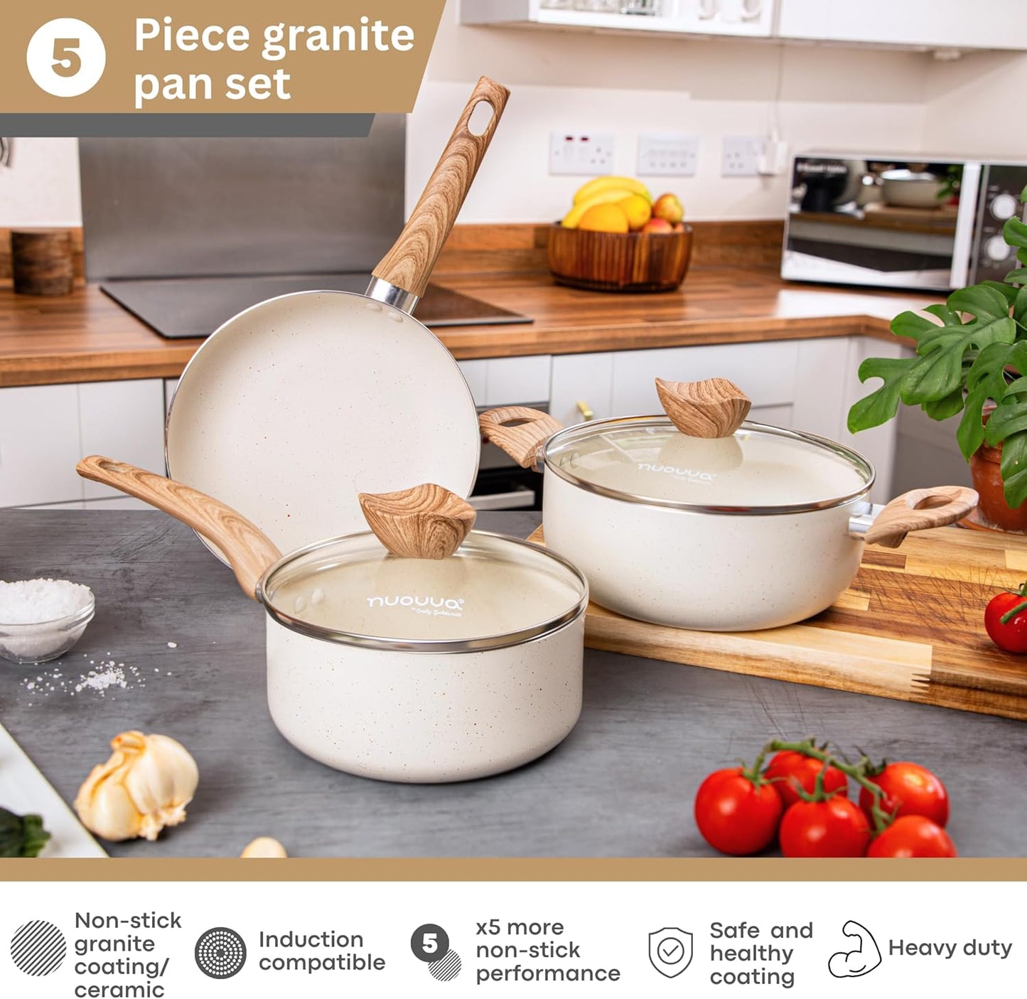 Nuovva Set Tenxhere dhe Tiganë Non-Stick 5 Pjesë për Induksion – Cream Granite