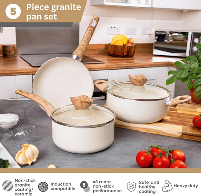 Nuovva Set Tenxhere dhe Tiganë Non-Stick 5 Pjesë për Induksion – Cream Granite