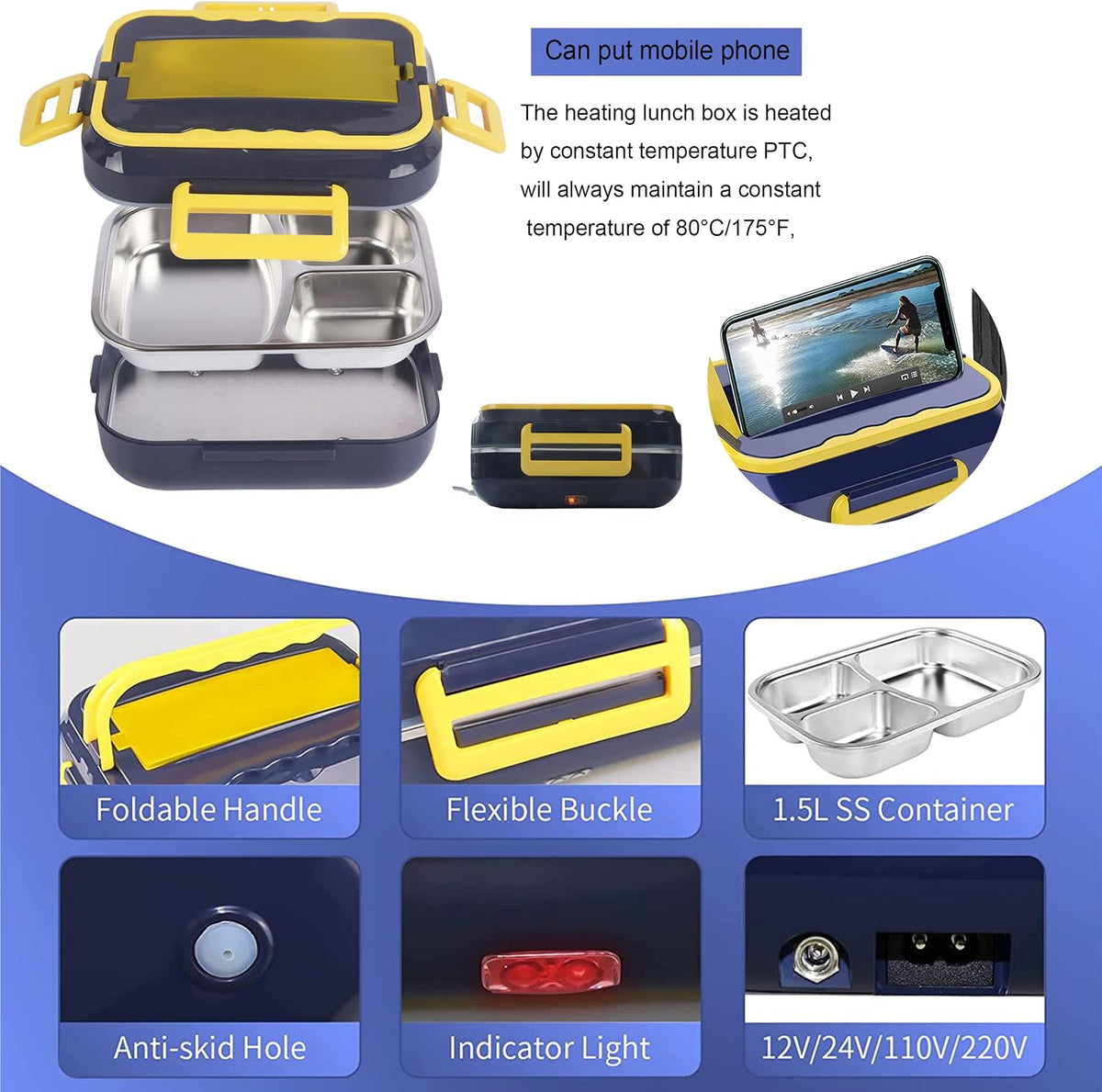 Raincol Electric Lunch Box 1.5L 60W – Kuti Elektrike për Ngrohjen e Ushqimit me Enë Inox 304, 12V/24V/110V, Lugë, Pirun dhe Çantë Transporti, E Verdhë