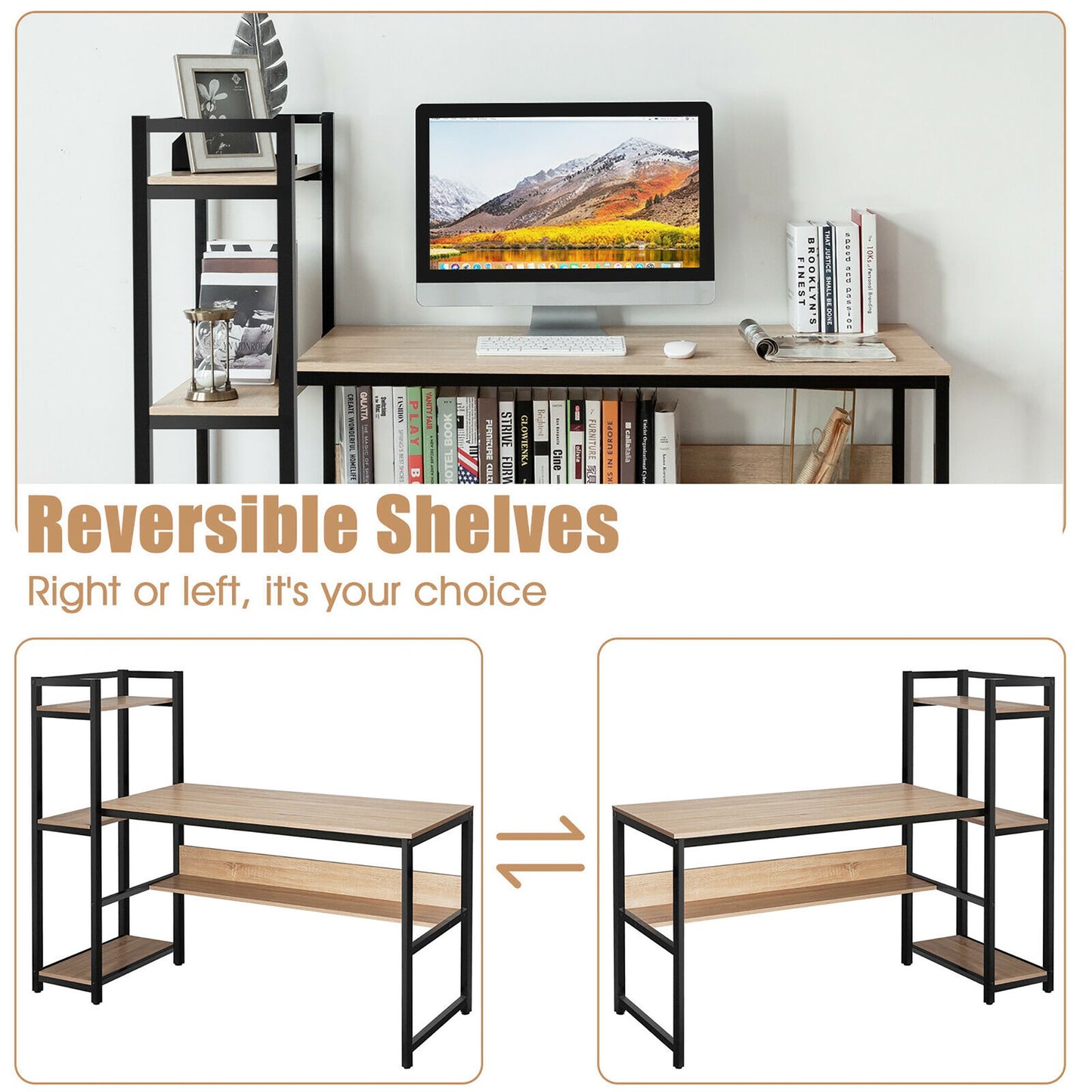 Costway Tavolinë Kompjuteri 120×55cm – Tavolinë Pune me 4 Raftë Ruajtës, për Zyrë apo Shtëpi