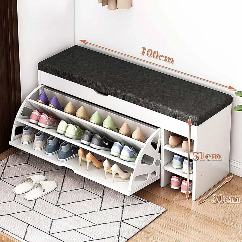 Organizues Këpucësh 100 cm me Ulëse të Butë, Kapak Magazinues dhe Rafte Anësore – Raft Modern për Hyrje dhe Korridor