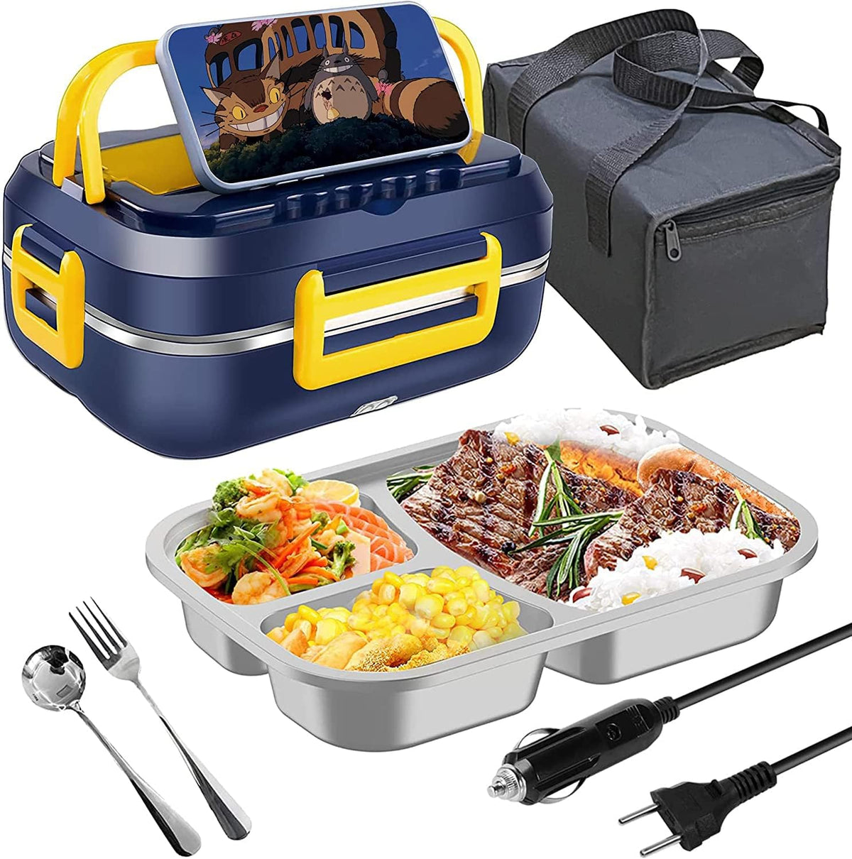 Raincol Electric Lunch Box 1.5L 60W – Kuti Elektrike për Ngrohjen e Ushqimit me Enë Inox 304, 12V/24V/110V, Lugë, Pirun dhe Çantë Transporti, E Verdhë